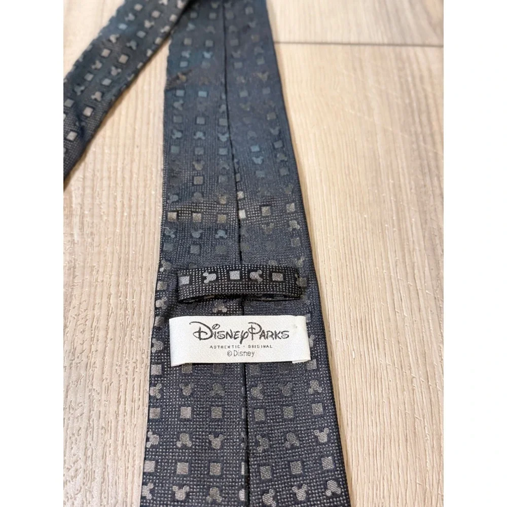 Disney Parks Mickey Mouse Silk Tie Black Charcoal Grey Geometric Pattern Mens